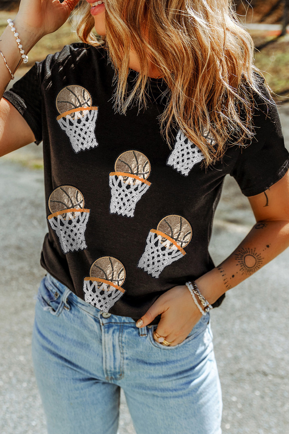 Black Sequin Basketball Graphic T-Shirt