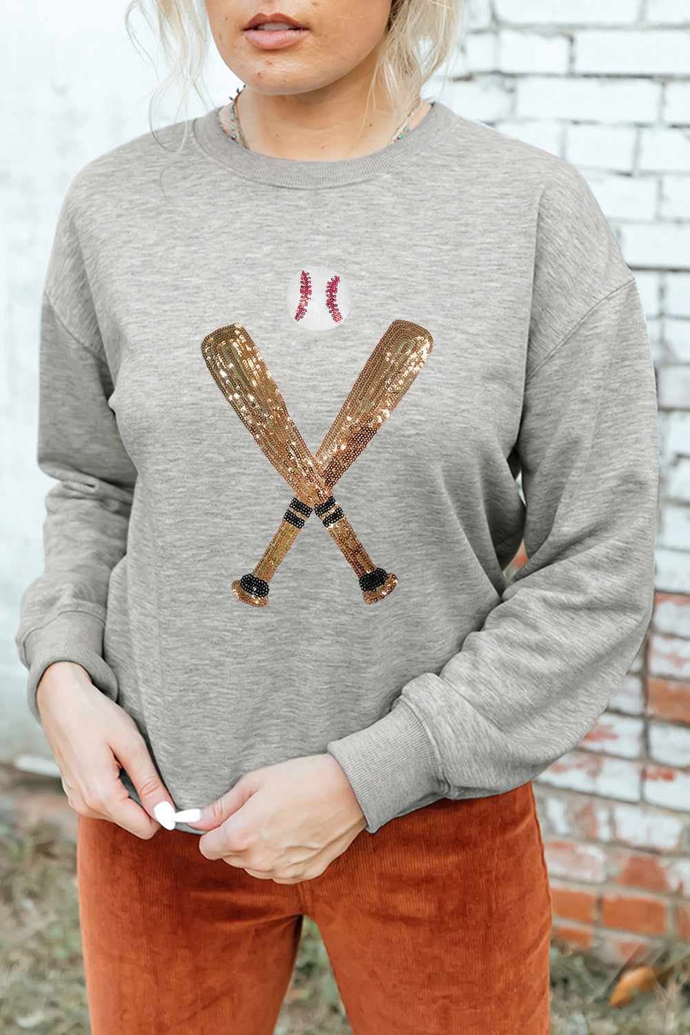 Gray Sequin Baseball Crewneck Sweatshirt