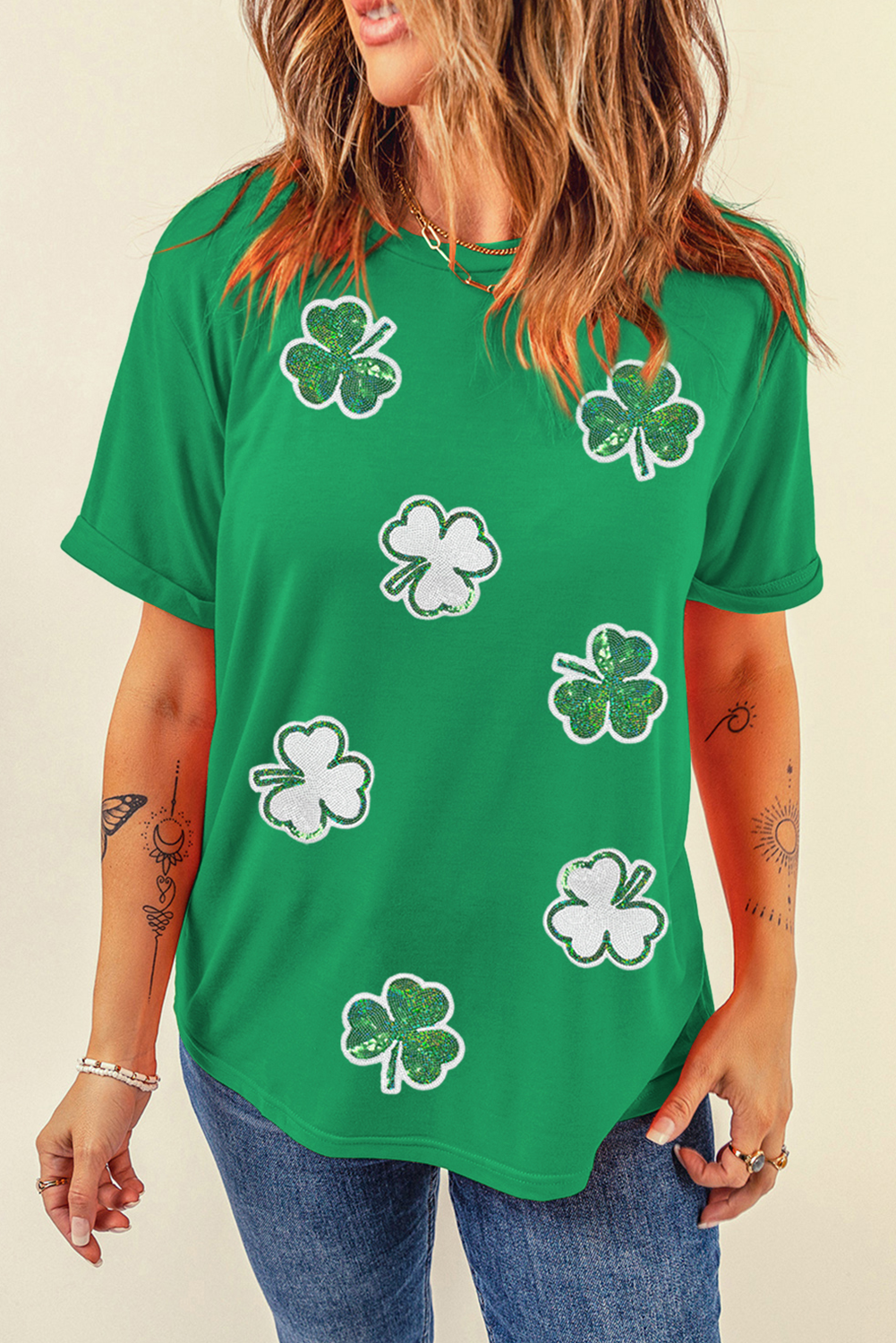 St Patricks Sequined Clover Pattern T Shirt