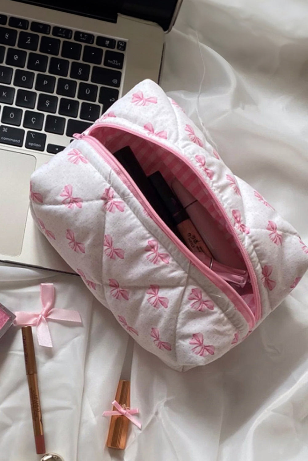 Pink Bow Knot Zipper Makeup Bag