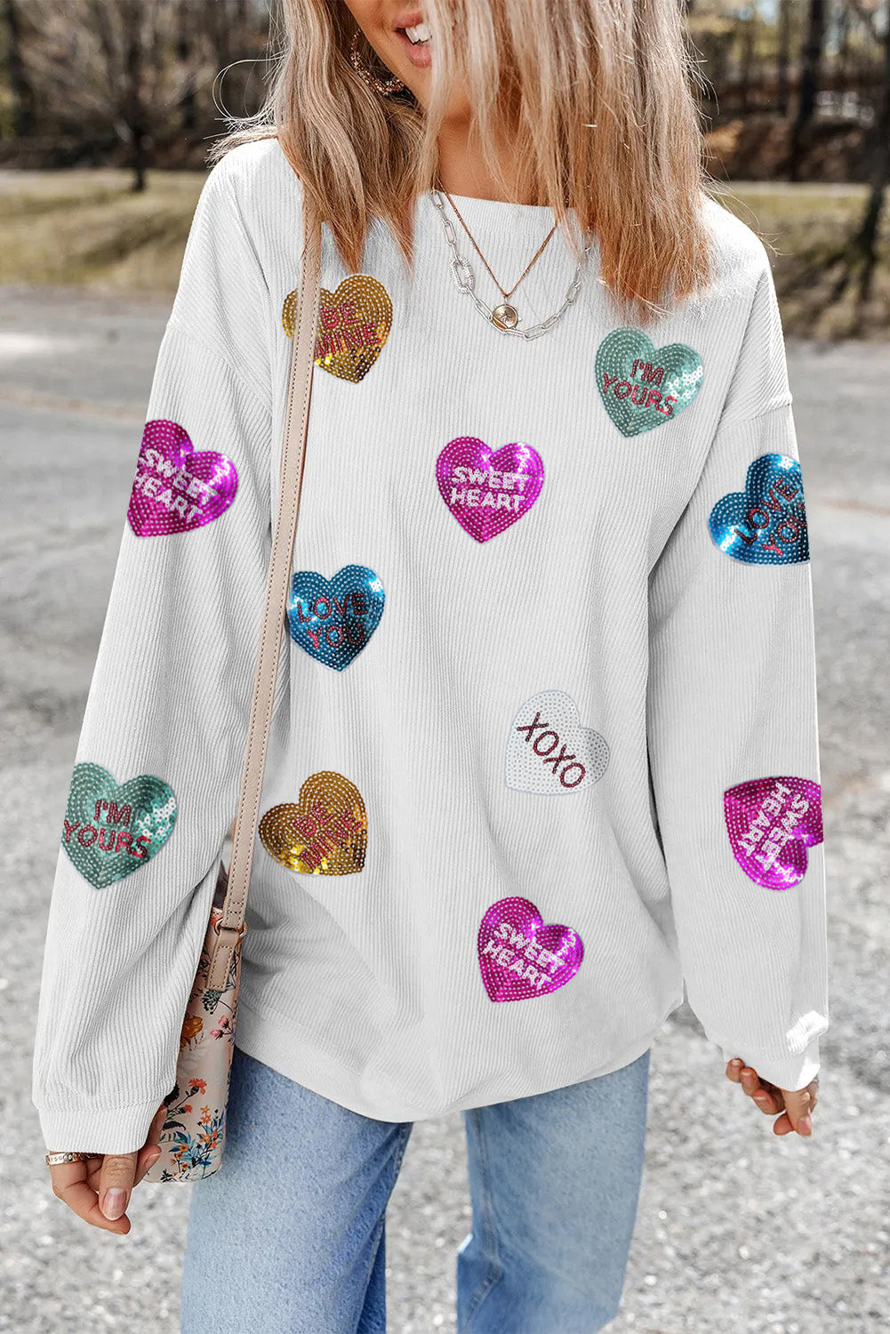 White Valentine Slogan Heart Sequin Corded Baggy Sweatshirt