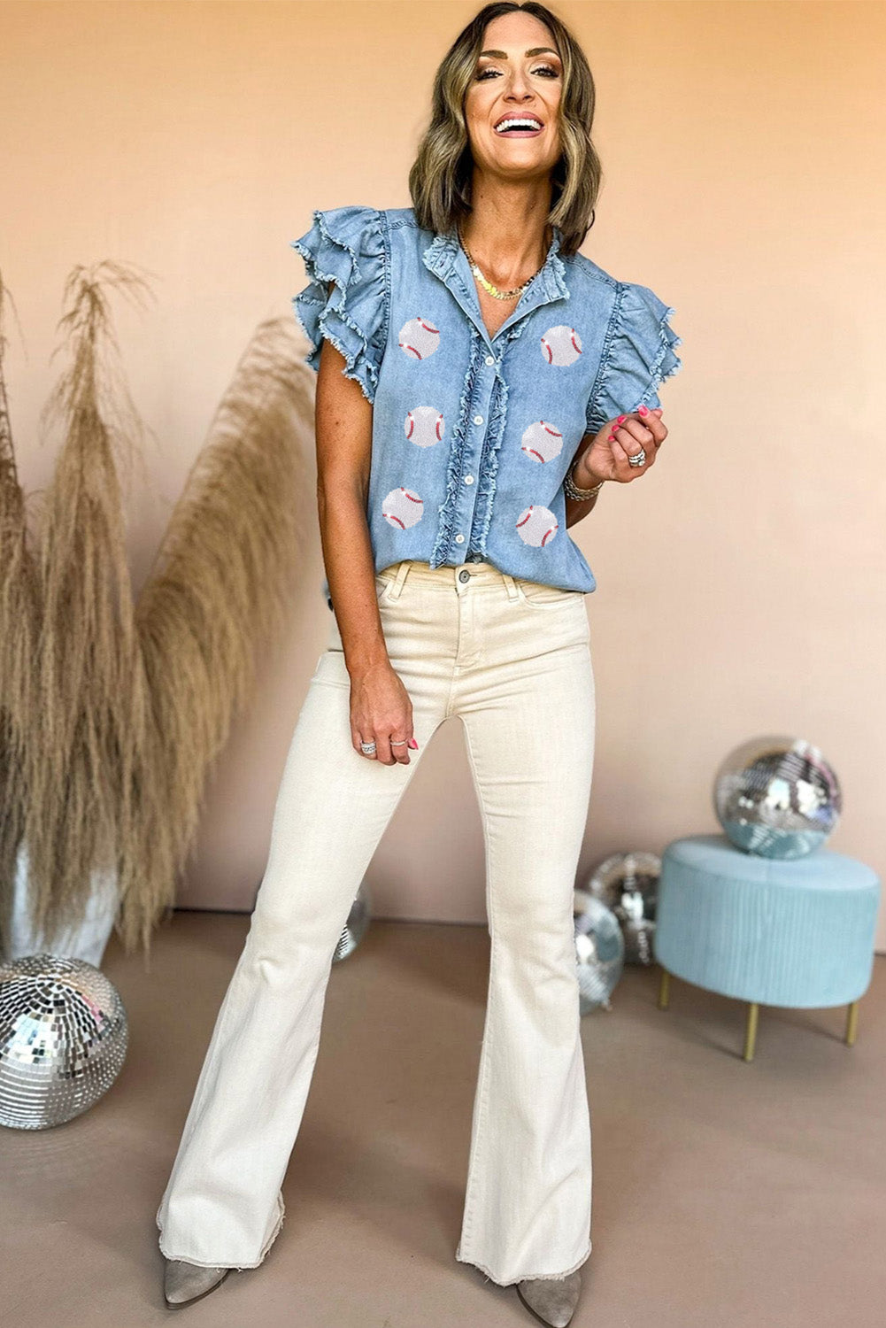 Beau Blue Sequin Baseball Graphic Top