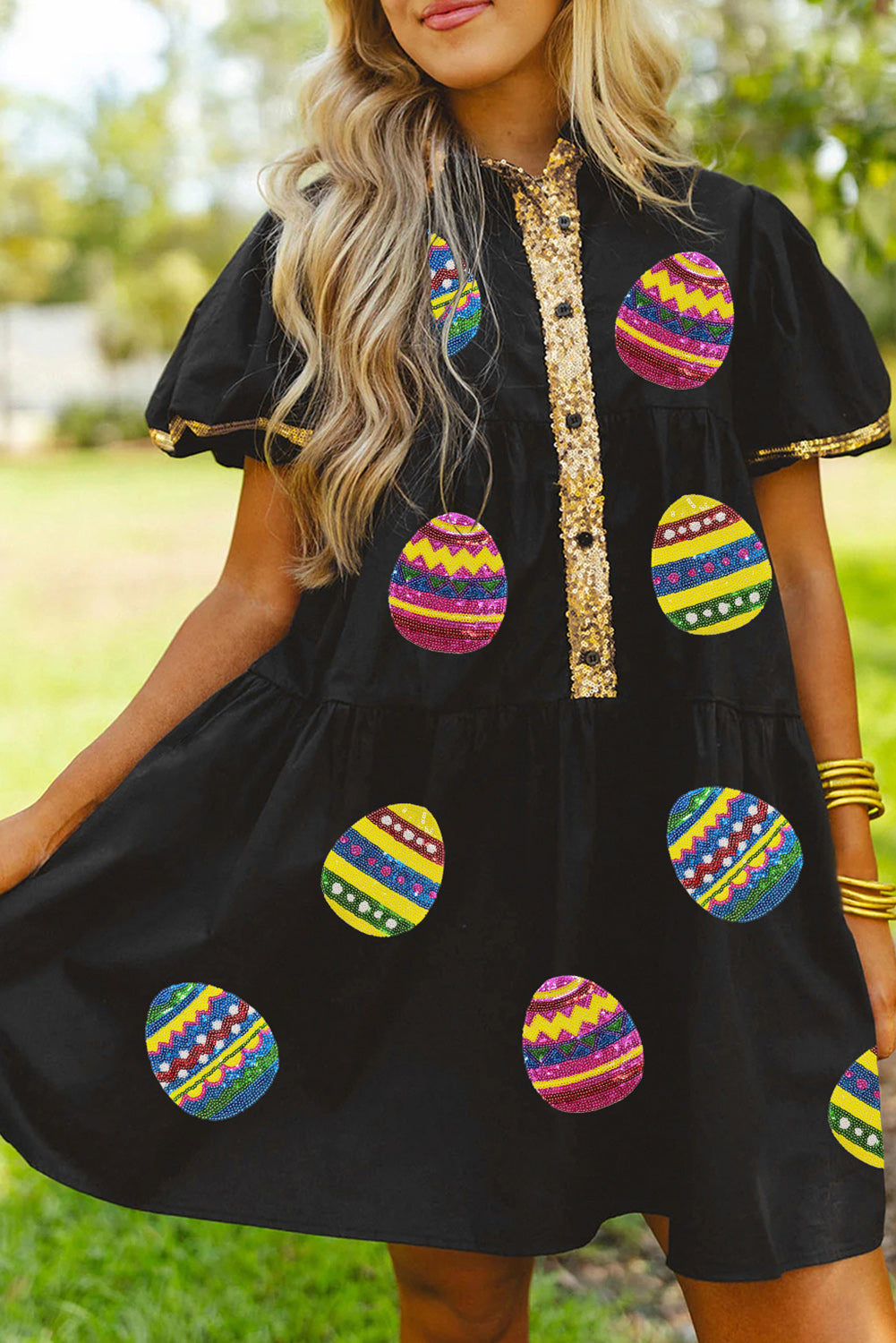 Black Easter Sequin Half Button Puff Sleeve Dress