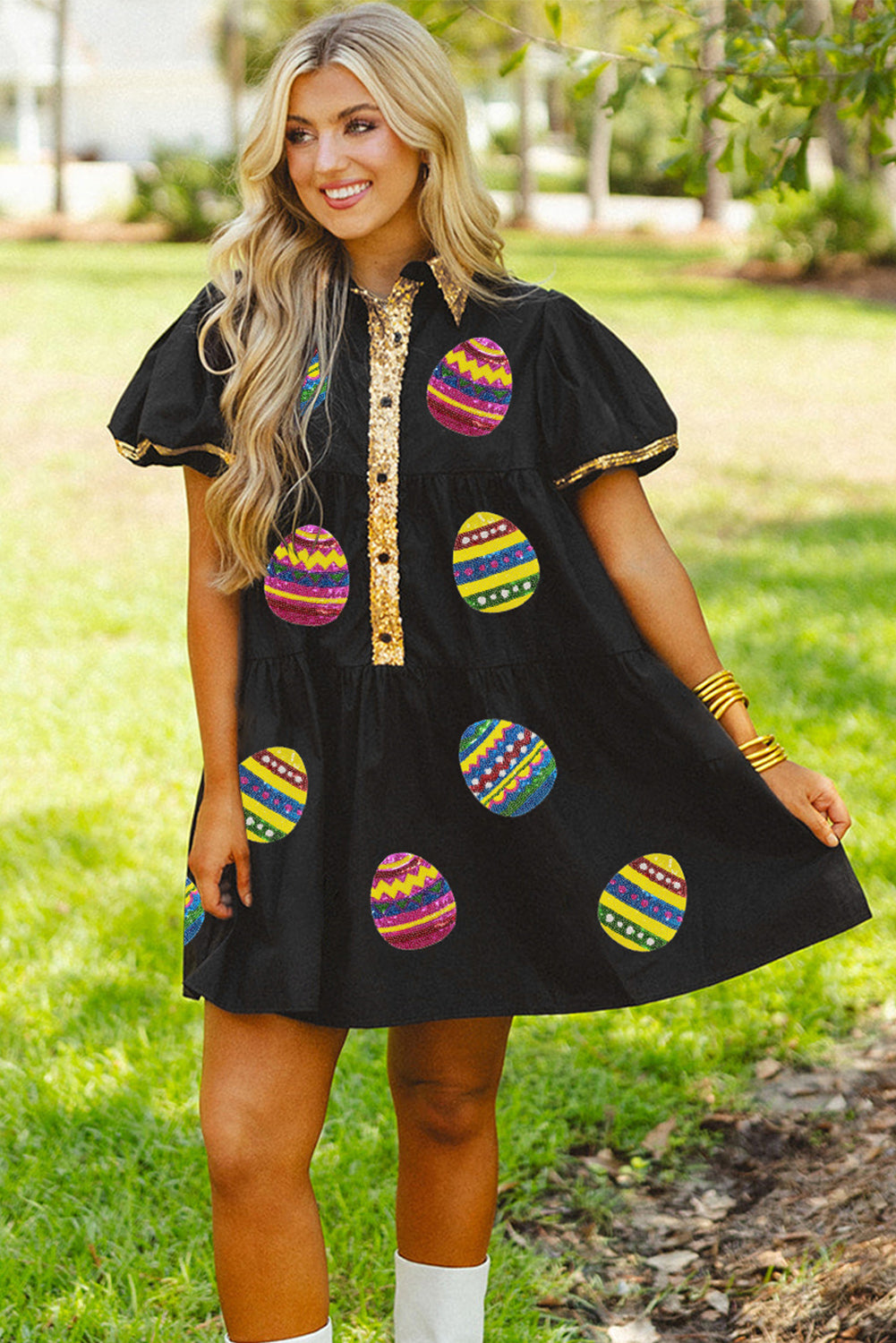 Black Easter Sequin Half Button Puff Sleeve Dress