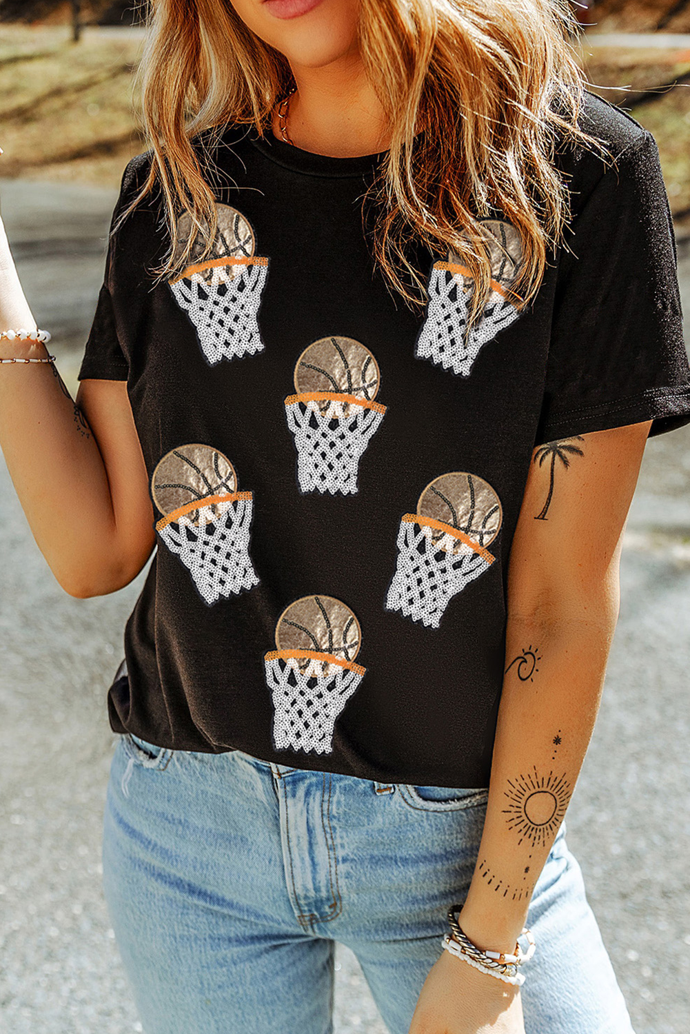 Black Sequin Basketball Graphic T-Shirt