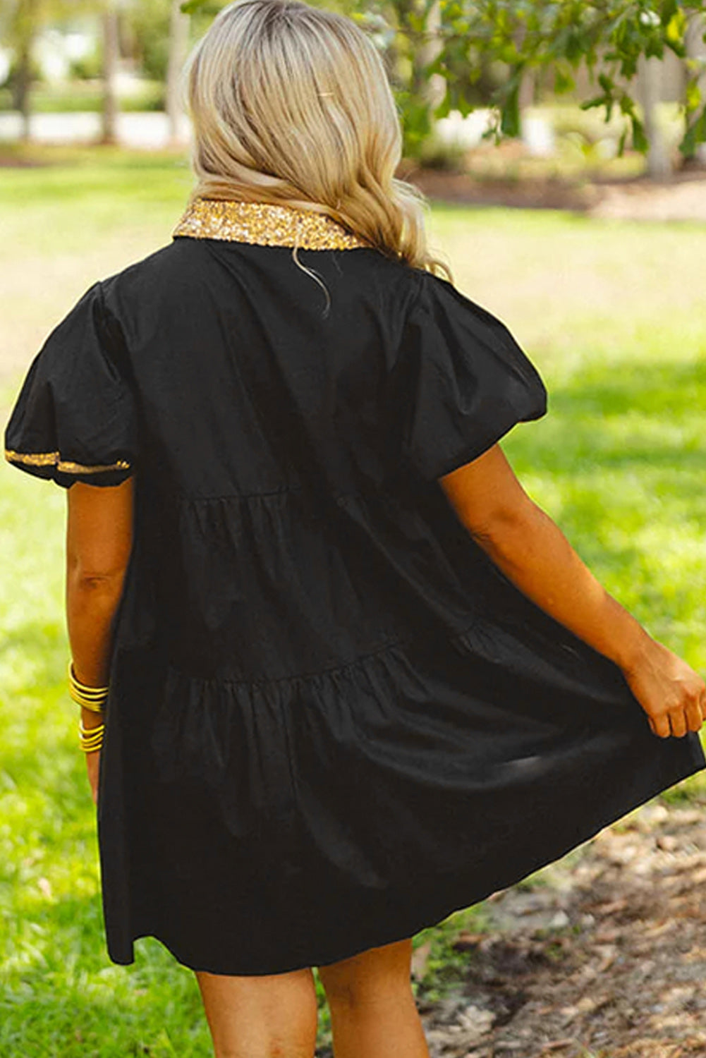 Black Easter Sequin Half Button Puff Sleeve Dress