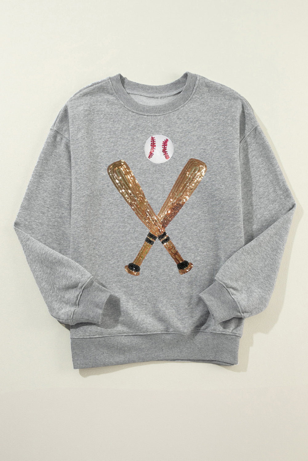 Gray Sequin Baseball Crewneck Sweatshirt