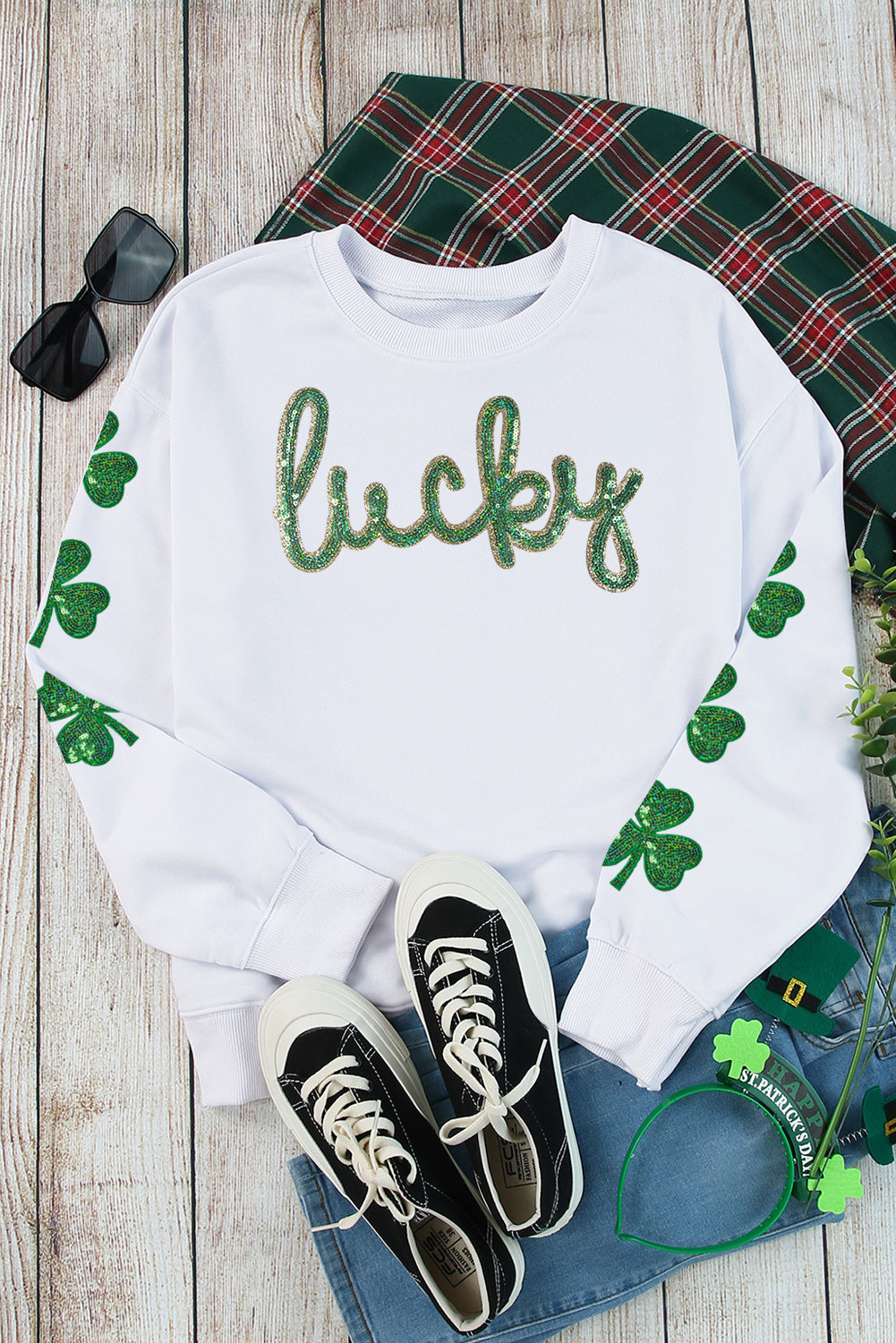 White Sequin Clover Sweatshirt