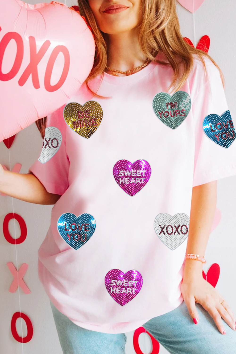 Pink Sequin Valentines Heart T-Shirt