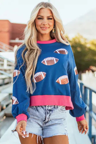 Blue Sequin Rugby Football Color Block Game Day Sweatshirt