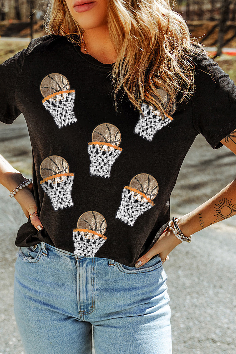 Black Sequin Basketball Graphic T-Shirt
