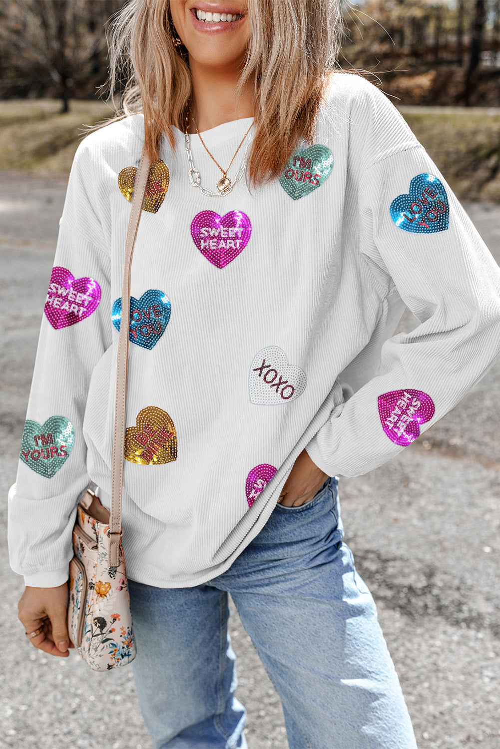 White Valentine Slogan Heart Sequin Corded Baggy Sweatshirt