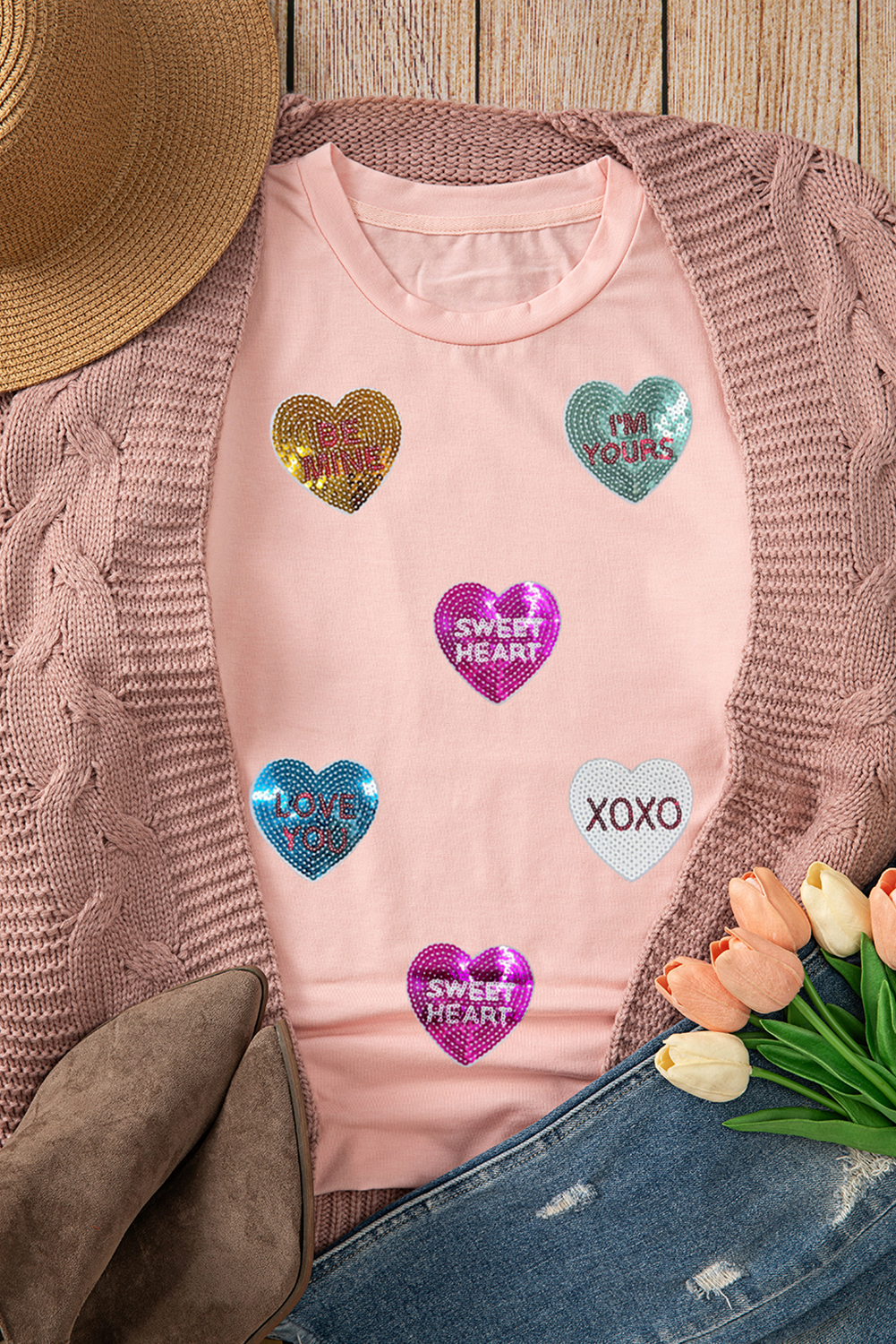 Pink Sequin Valentines Heart T-Shirt