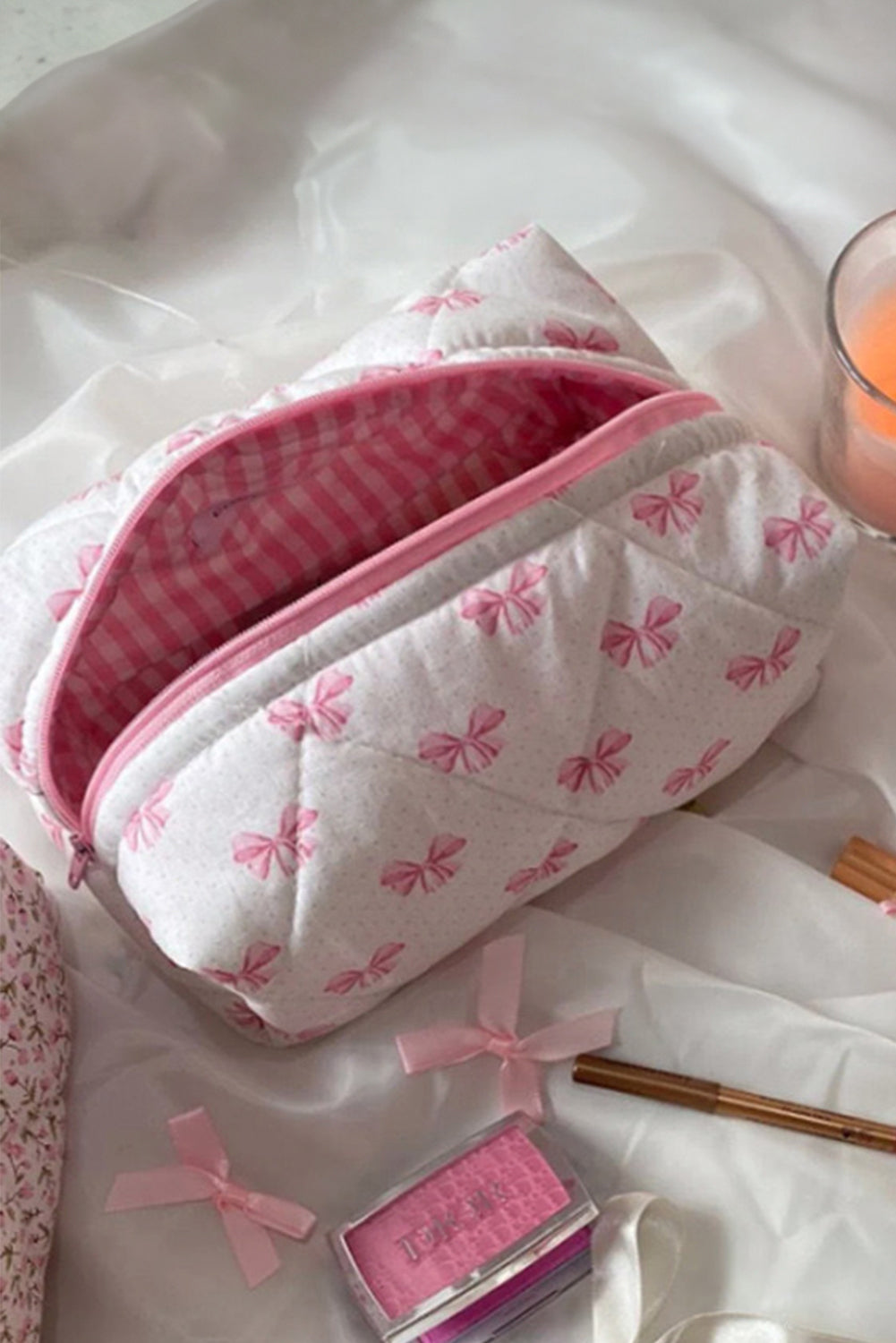 Pink Bow Knot Zipper Makeup Bag