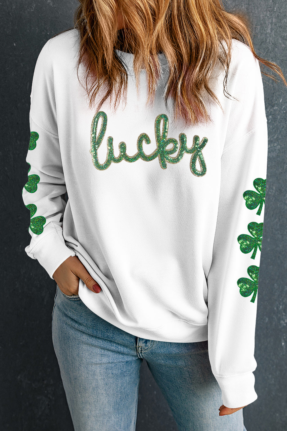 White Sequin Clover Sweatshirt