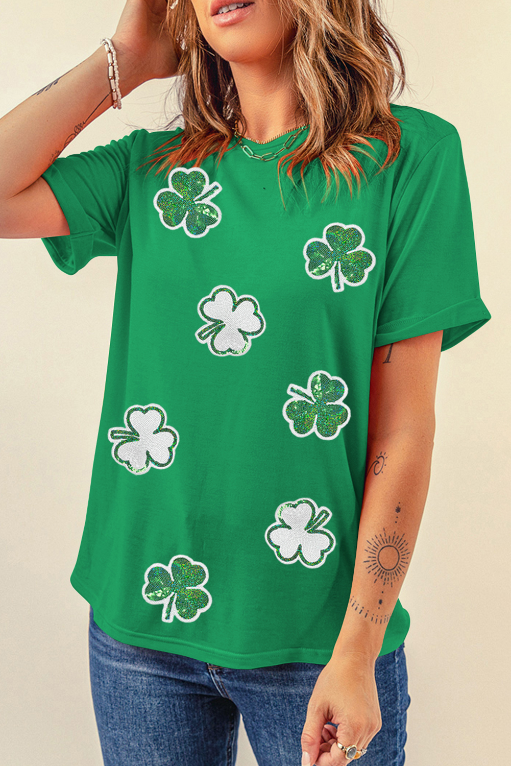 St Patricks Sequined Clover Pattern T Shirt