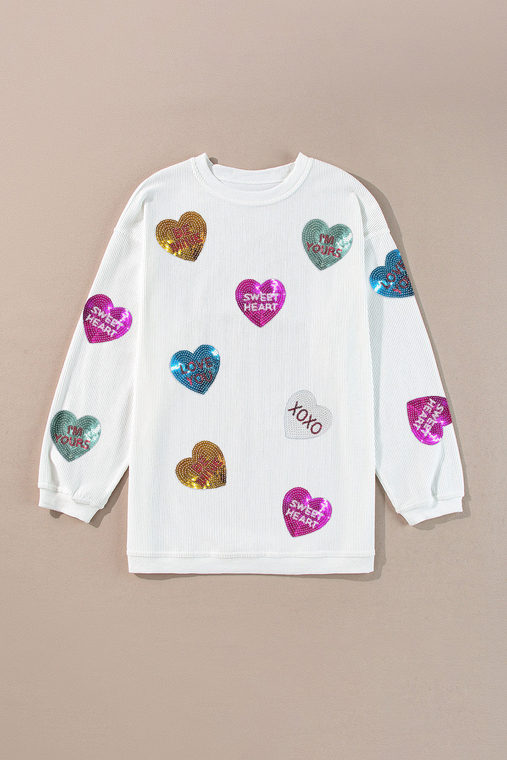 White Valentine Slogan Heart Sequin Corded Baggy Sweatshirt