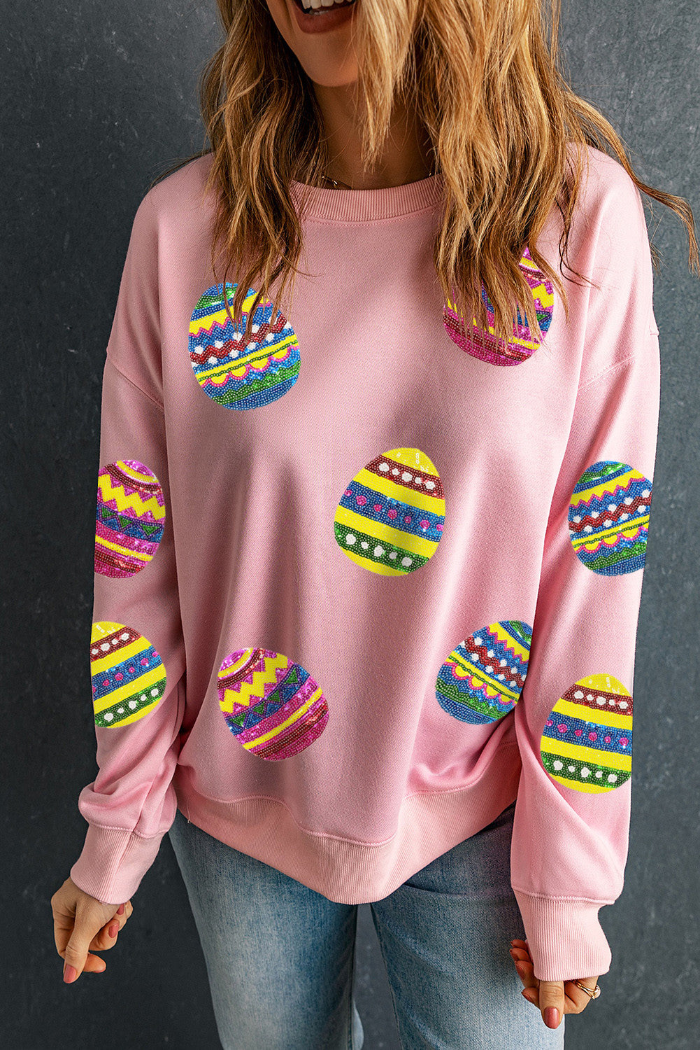 Pink Easter Egg Sequin Crew Sweatshirt