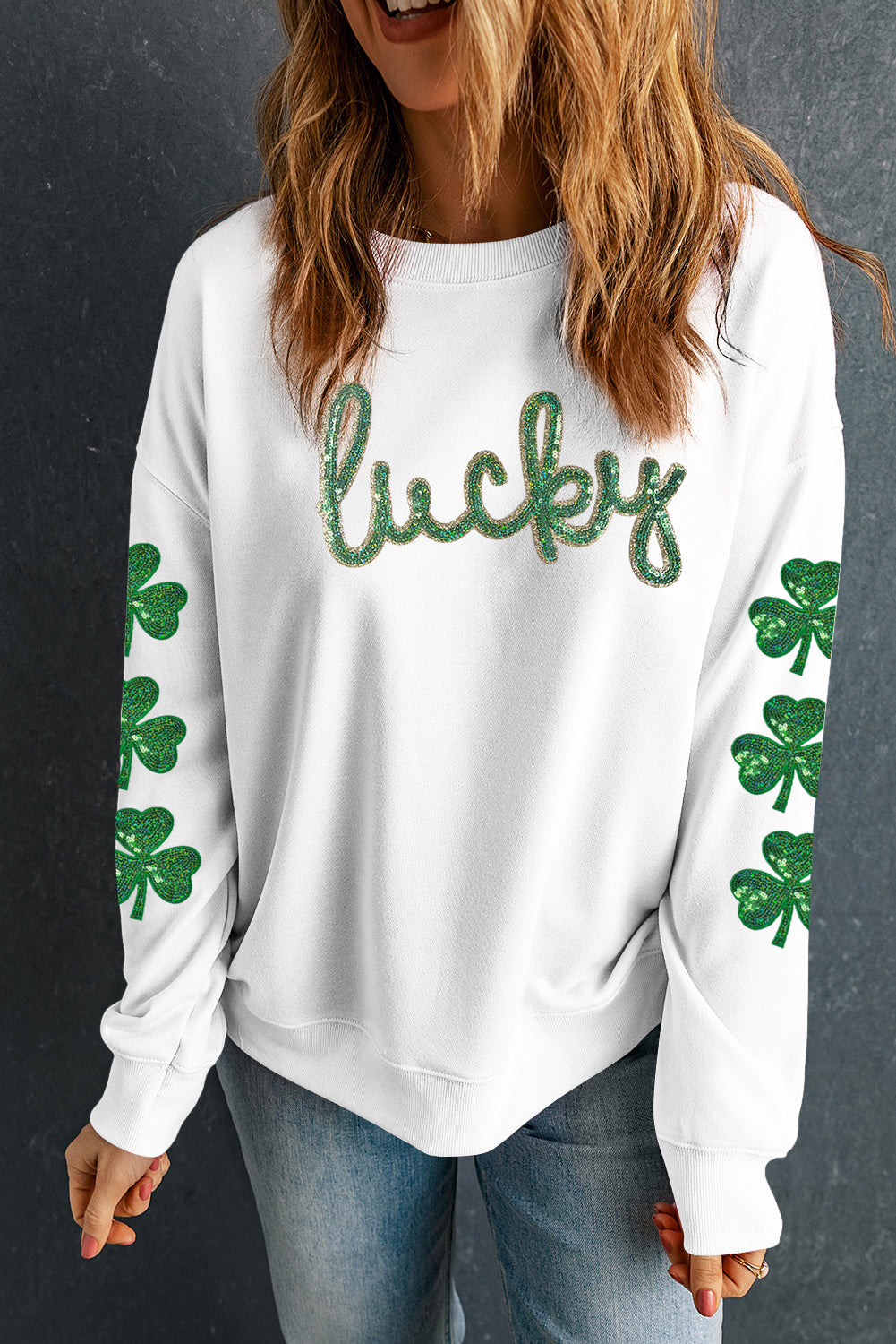 White Sequin Clover Sweatshirt