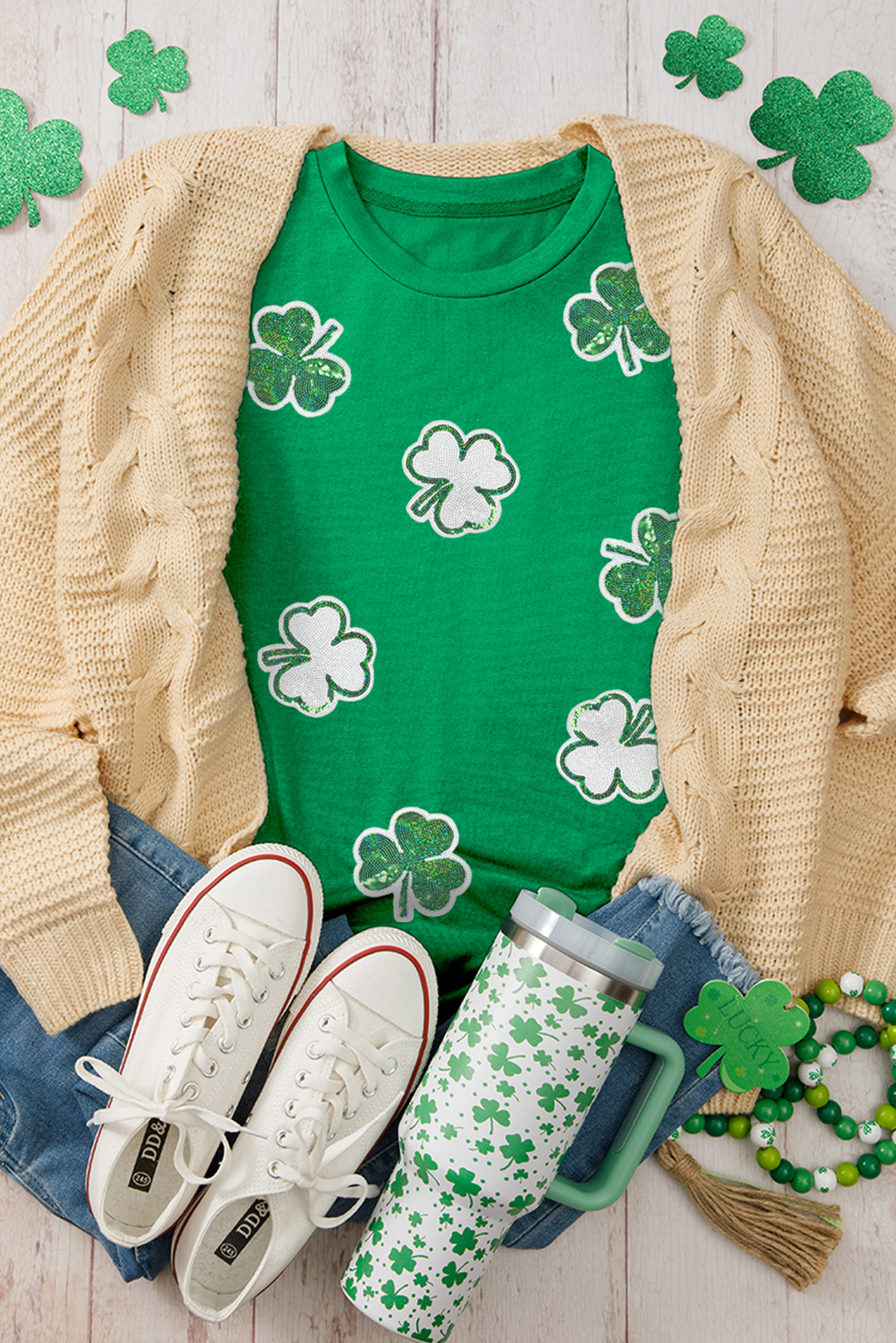 St Patricks Sequined Clover Pattern T Shirt