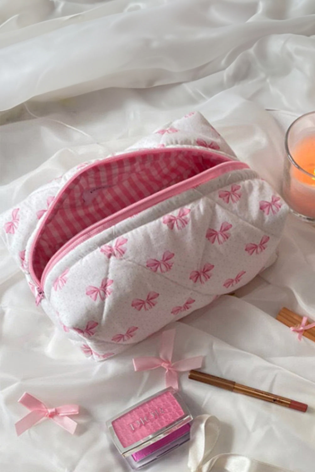 Pink Bow Knot Zipper Makeup Bag