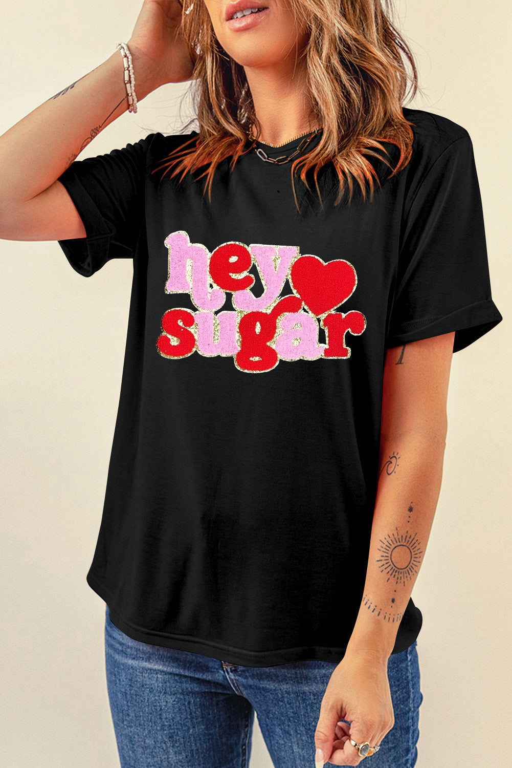 Black Chenille Heart Valentines Tee