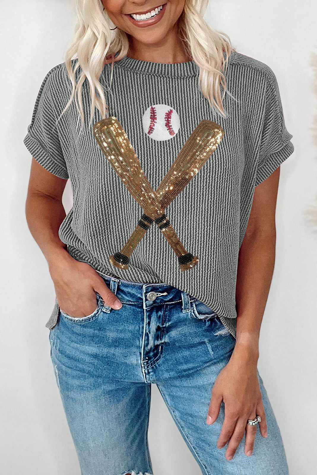 Medium Grey Sequin Baseball Pattern T Shirt