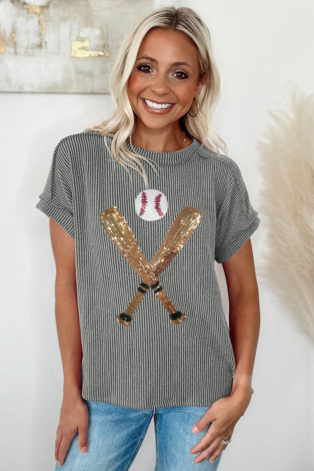 Medium Grey Sequin Baseball Pattern T Shirt