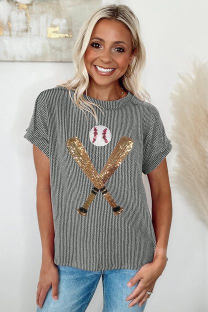 Medium Grey Sequin Baseball Pattern T Shirt