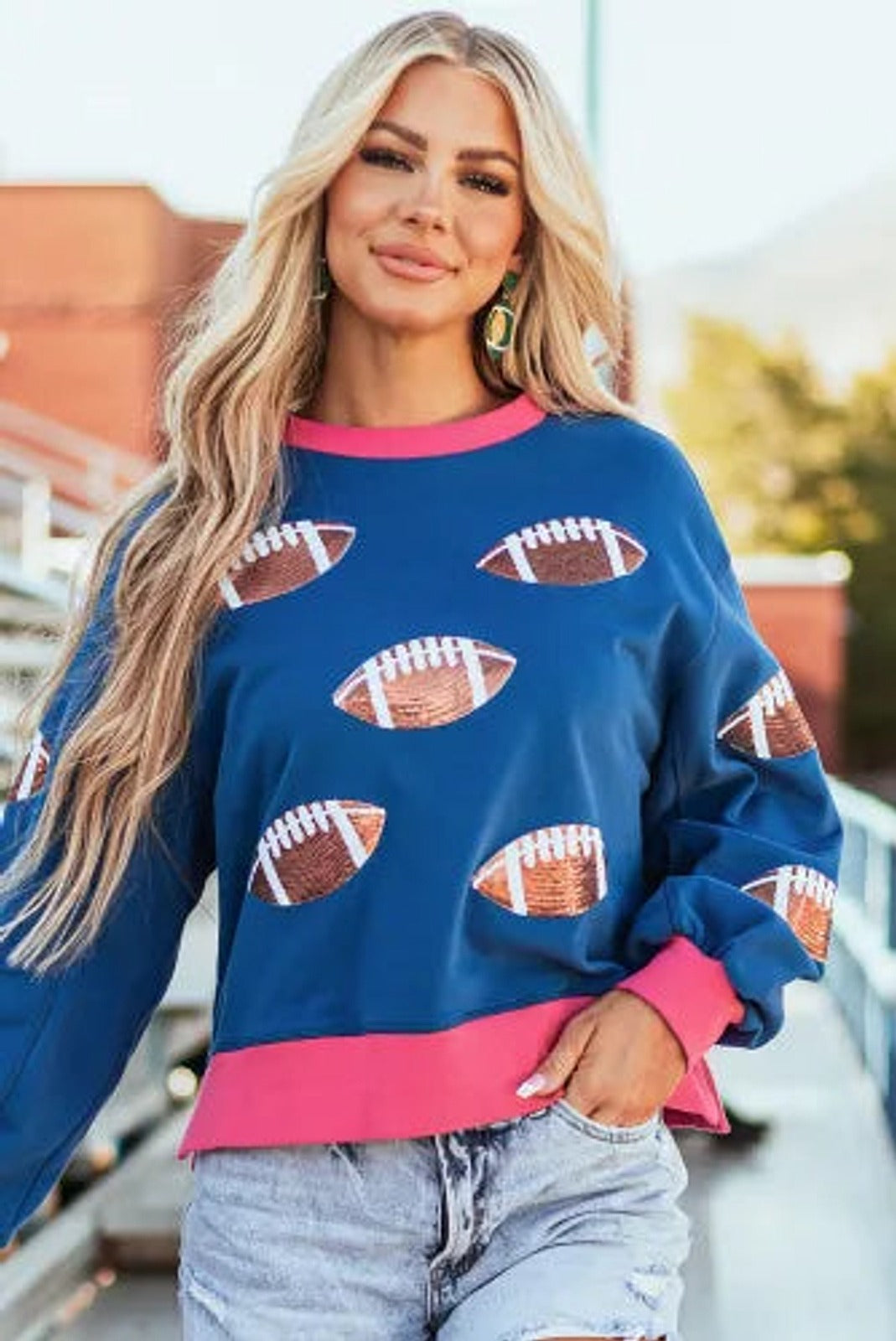 Blue Sequin Rugby Football Color Block Game Day Sweatshirt