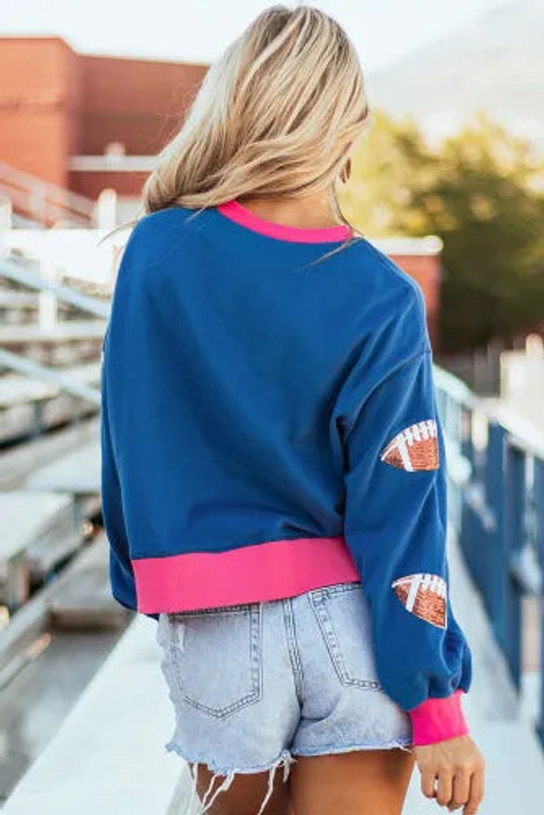 Blue Sequin Rugby Football Color Block Game Day Sweatshirt