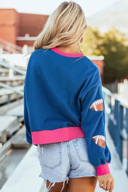 Blue Sequin Rugby Football Color Block Game Day Sweatshirt
