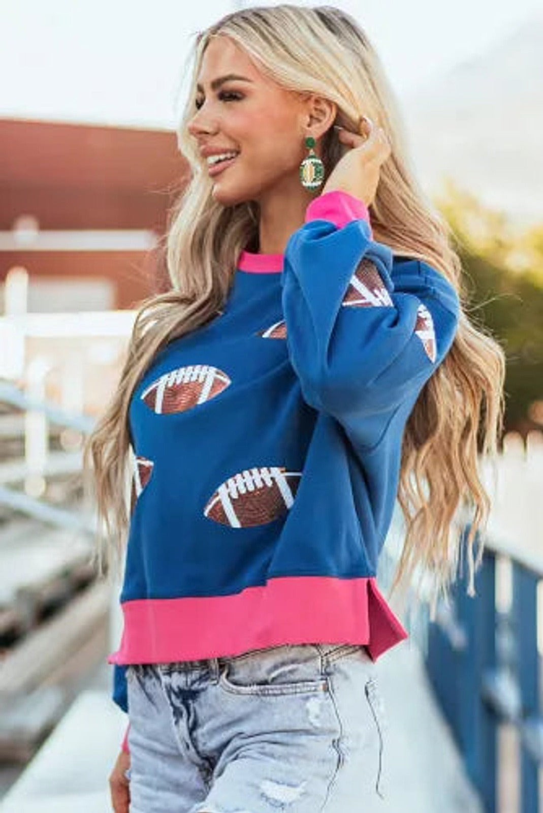 Blue Sequin Rugby Football Color Block Game Day Sweatshirt