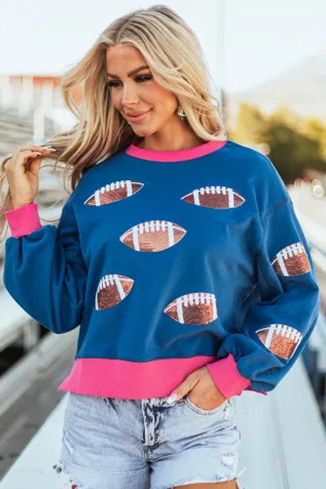Blue Sequin Rugby Football Color Block Game Day Sweatshirt