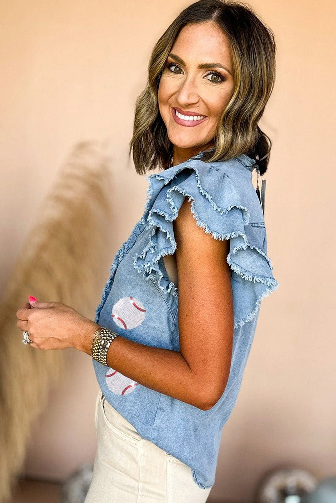 Beau Blue Sequin Baseball Graphic Top