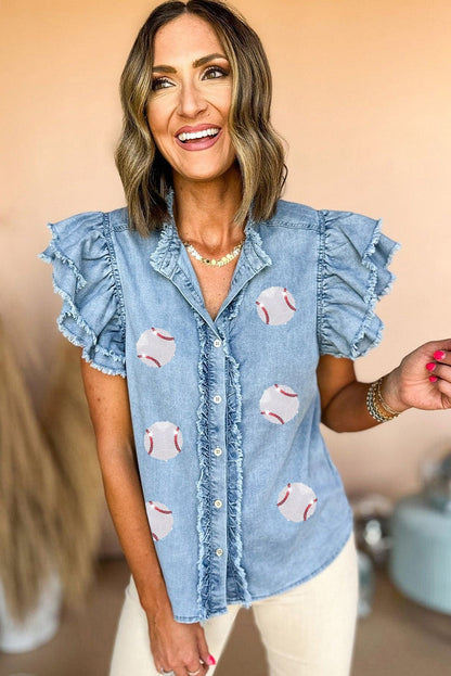 Beau Blue Sequin Baseball Graphic Top