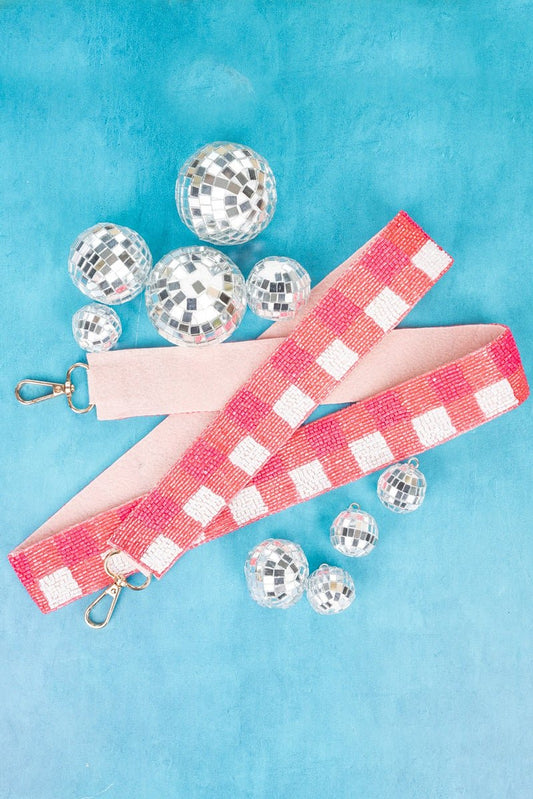 Pink & White Checkered Seed Bead Bag Strap