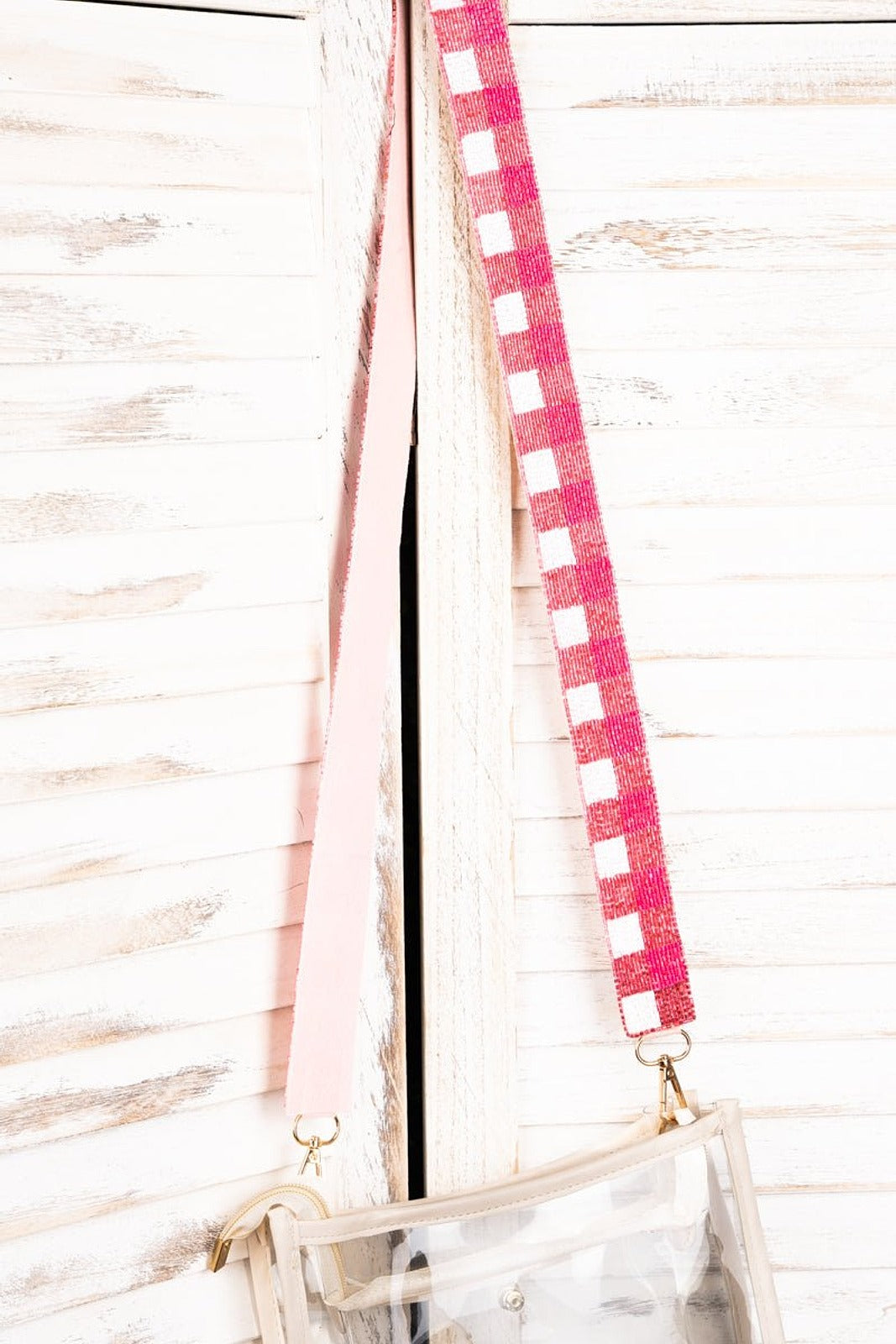 Pink & White Checkered Seed Bead Bag Strap
