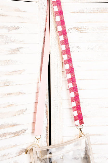 Pink & White Checkered Seed Bead Bag Strap