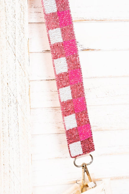 Pink & White Checkered Seed Bead Bag Strap