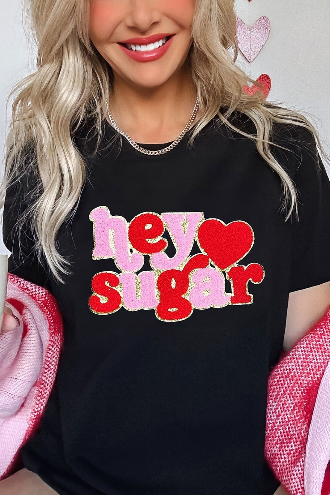 Black Chenille Heart Valentines Tee