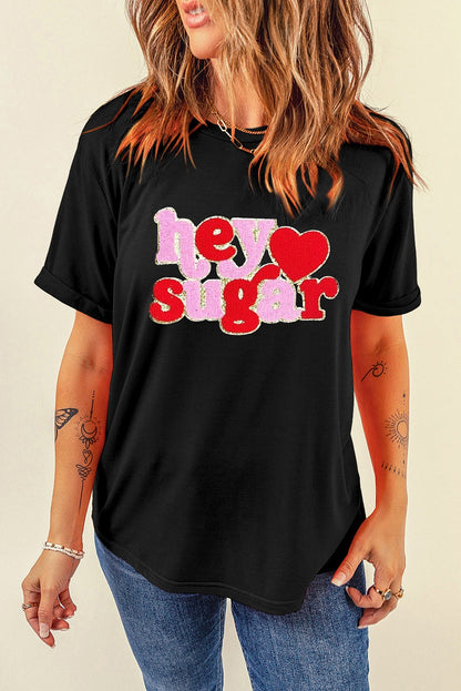 Black Chenille Heart Valentines Tee