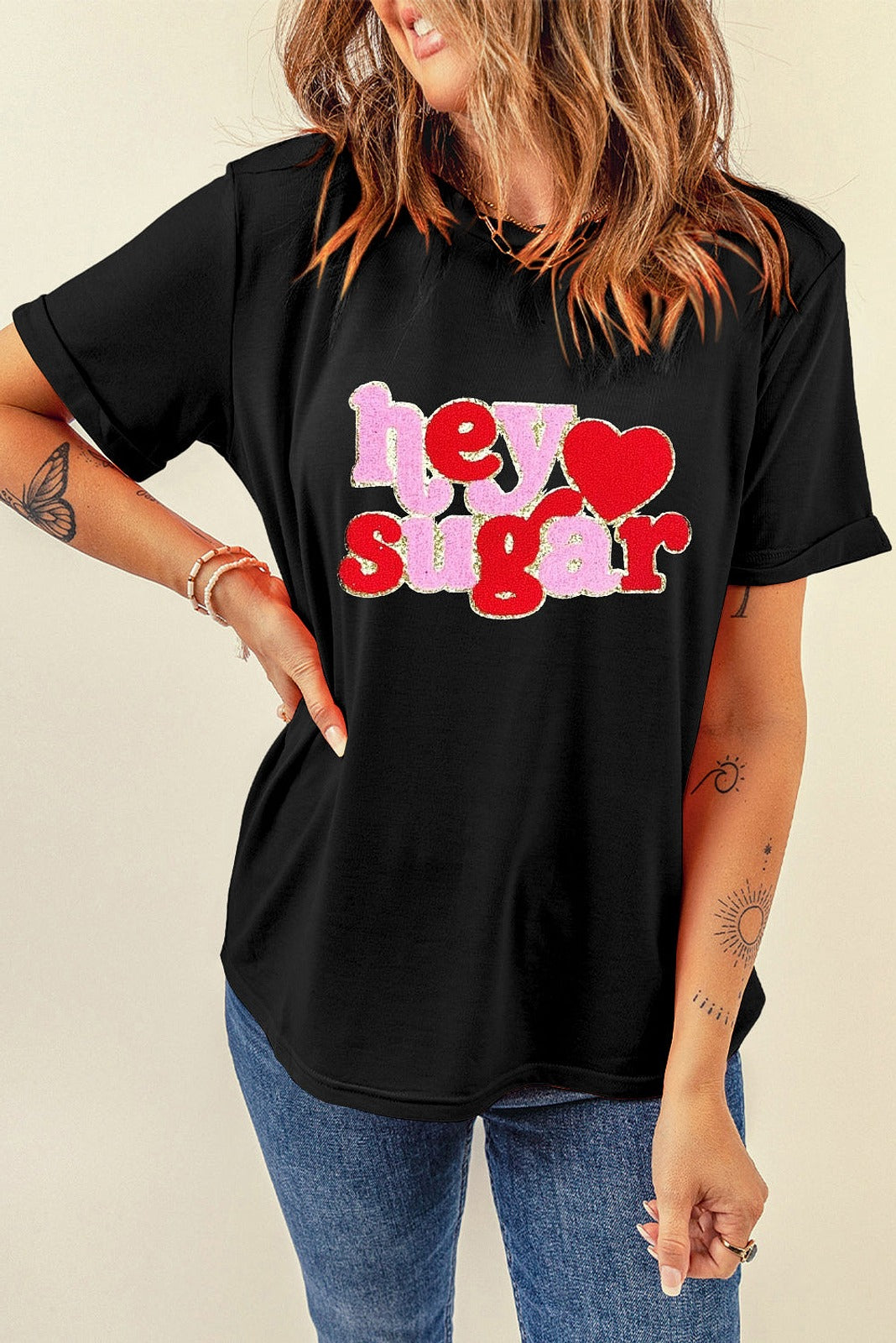 Black Chenille Heart Valentines Tee