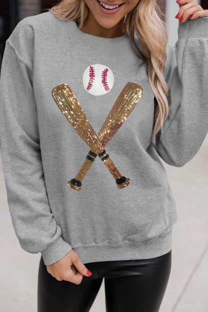 Gray Sequin Baseball Crewneck Sweatshirt