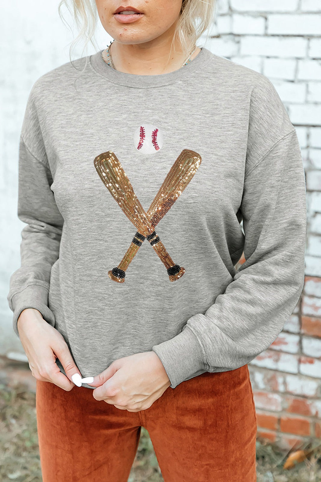 Gray Sequin Baseball Crewneck Sweatshirt