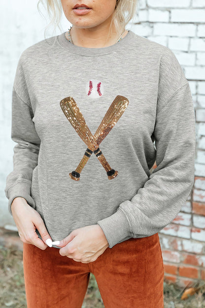 Gray Sequin Baseball Crewneck Sweatshirt