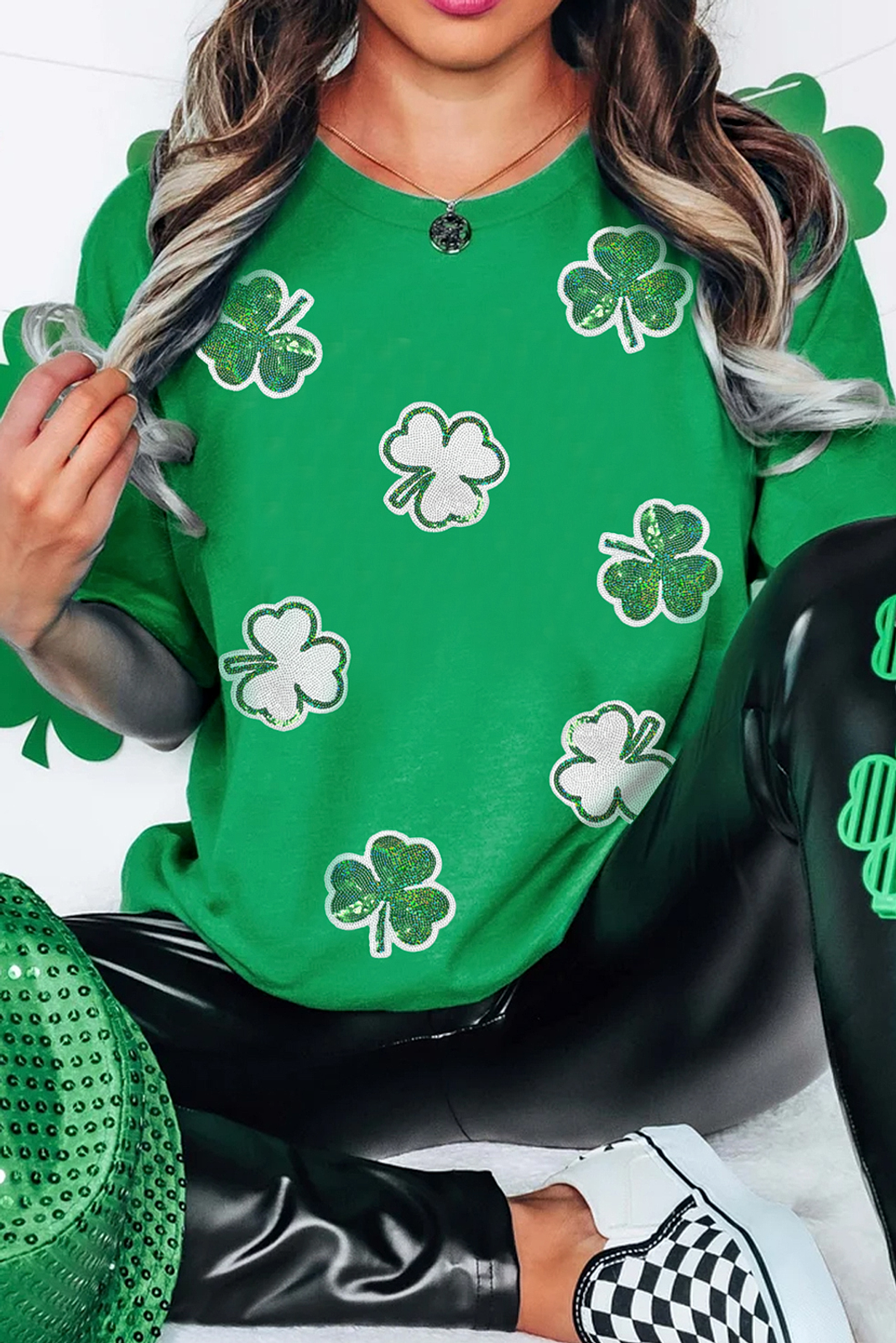 St Patricks Sequined Clover Pattern T Shirt