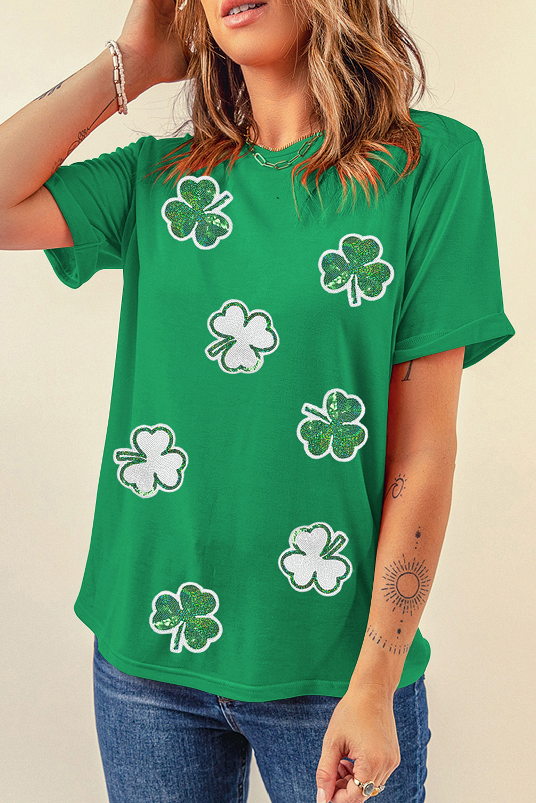 St Patricks Sequined Clover Pattern T Shirt