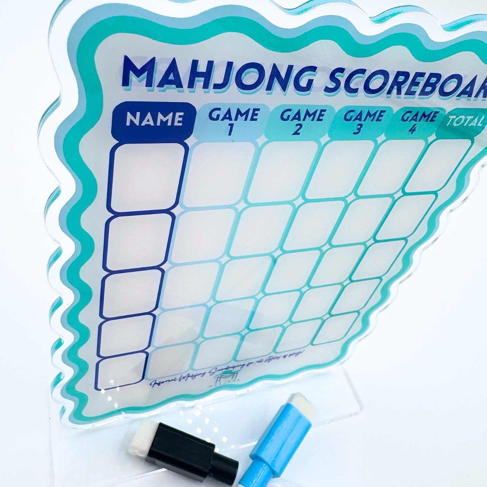 Mahjong Scoreboard | Scalloped Dry Erase Board with Stand & Markers: Blue/Green