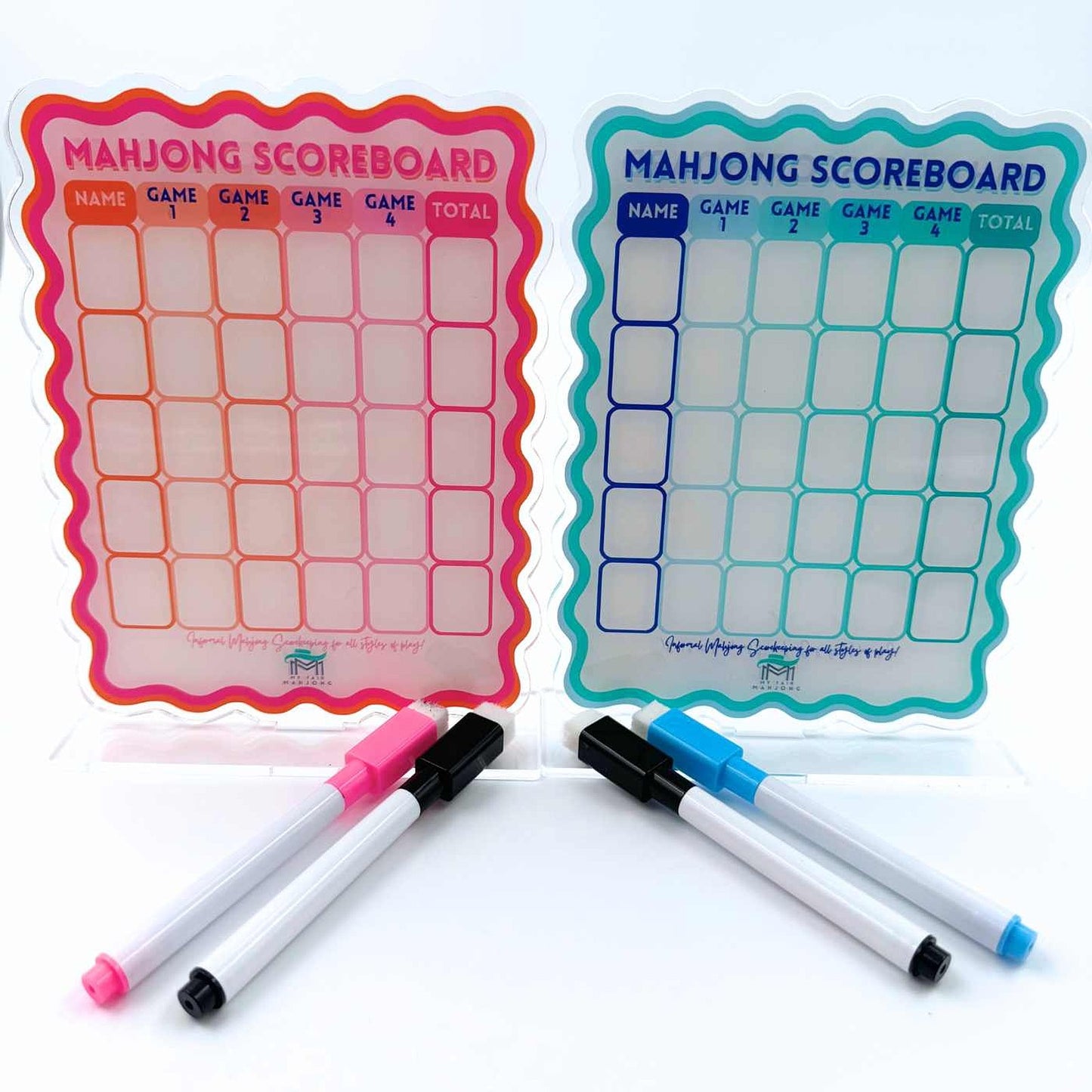 Mahjong Scoreboard | Scalloped Dry Erase Board with Stand & Markers: Blue/Green